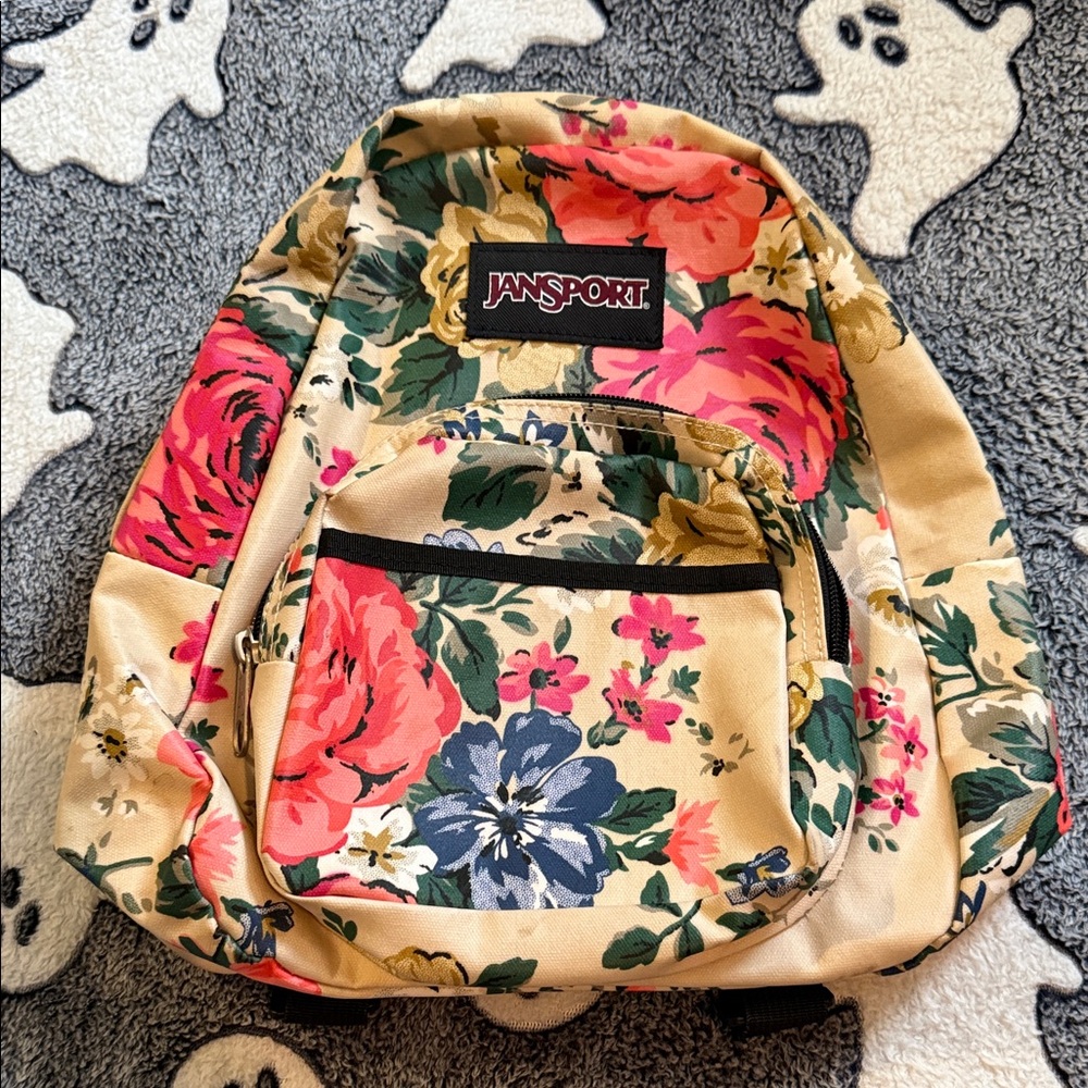 Jansport Floral Tan Backpack with Pink, Blue & Green Accents